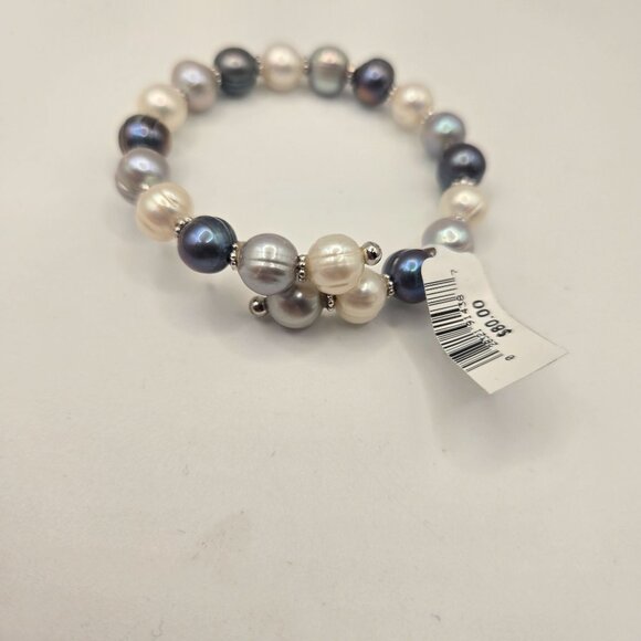 New Freshwater Cultured Pearl Bracelet Bangle Gray Shite Sterling Silver Beaded - Picture 3 of 4
